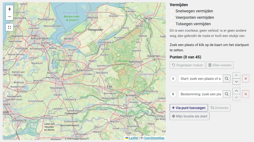 Voorbeeld van de routeplanner: een kaart van Midden-Nederland met zoekvelden voor start en bestemming